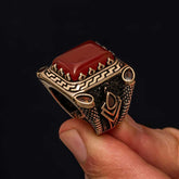 Bague homme en argent et pierre d'agate rouge